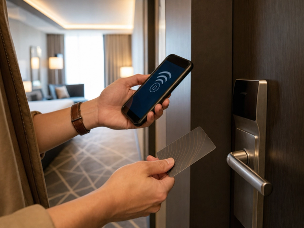A traveller holding a smartphone hotel key beside a physical room key card at a hotel door