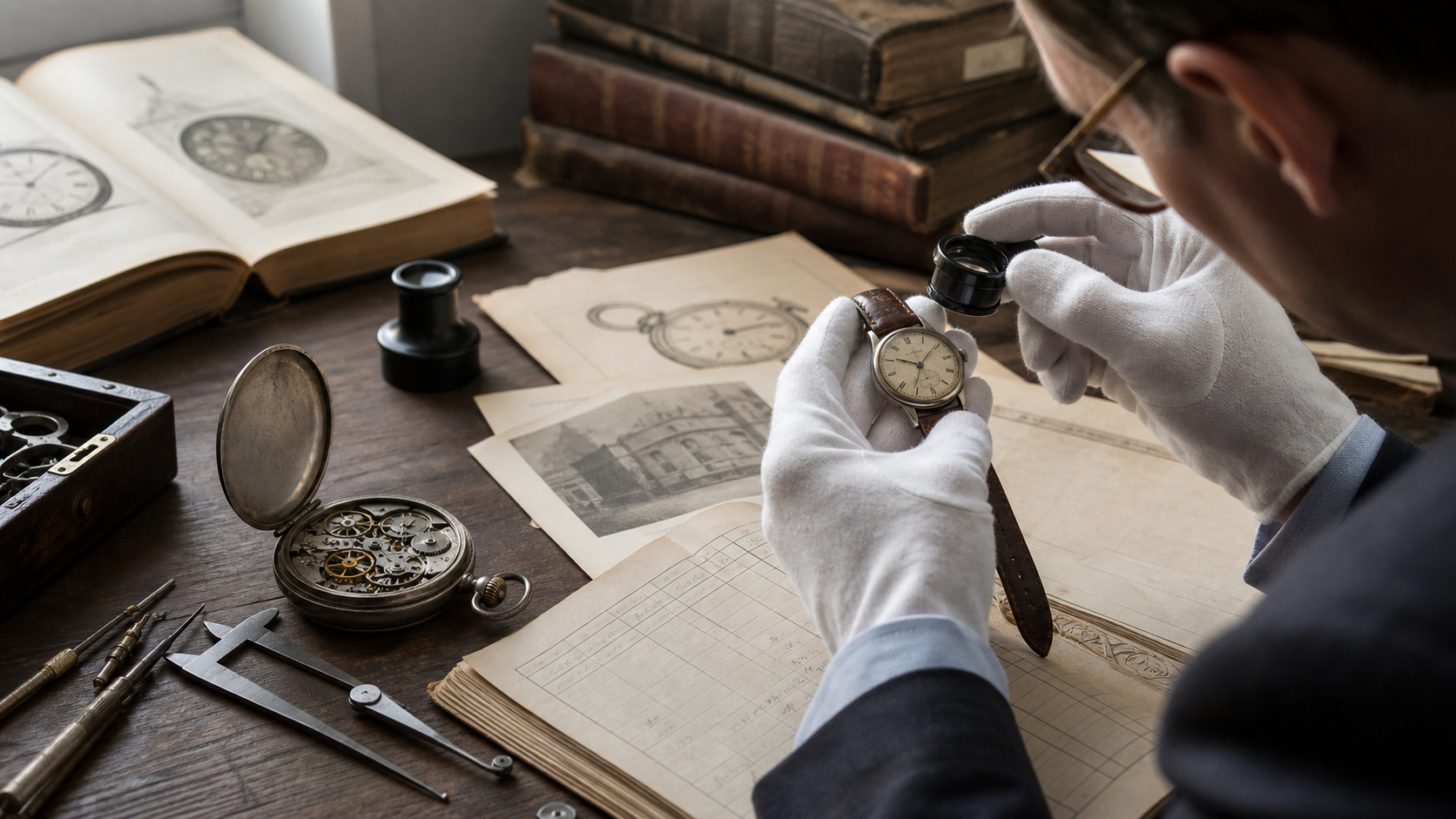 Horological researcher examining an early wristwatch beside archive records and a pocket watch