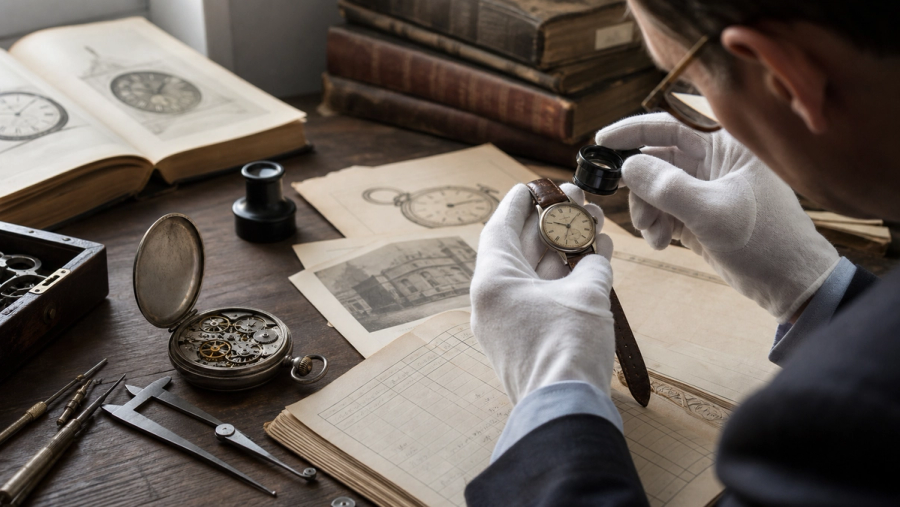 Horological researcher examining an early wristwatch beside archive records and a pocket watch