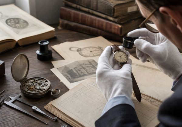 Horological researcher examining an early wristwatch beside archive records and a pocket watch
