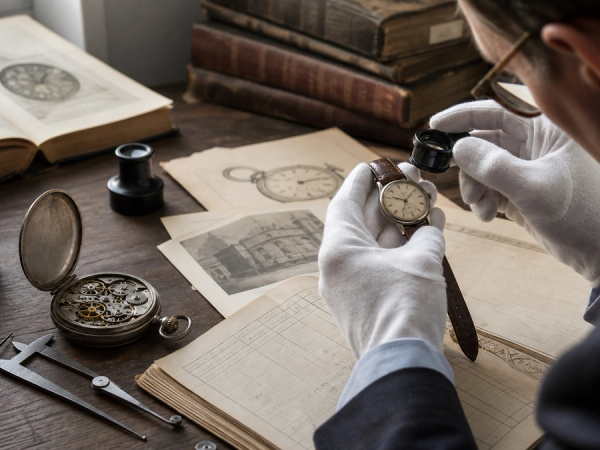 Horological researcher examining an early wristwatch beside archive records and a pocket watch