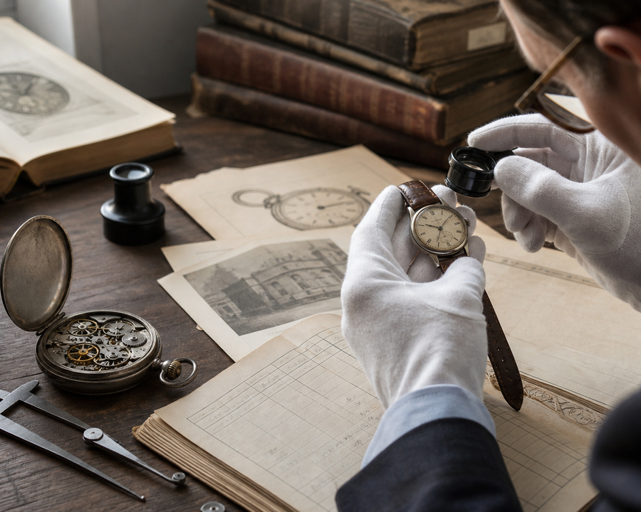 Horological researcher examining an early wristwatch beside archive records and a pocket watch