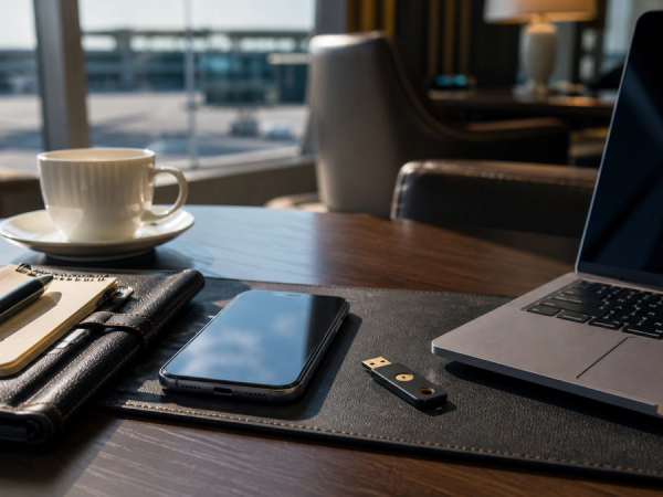 Travel security setup with a phone, laptop and hardware authentication key