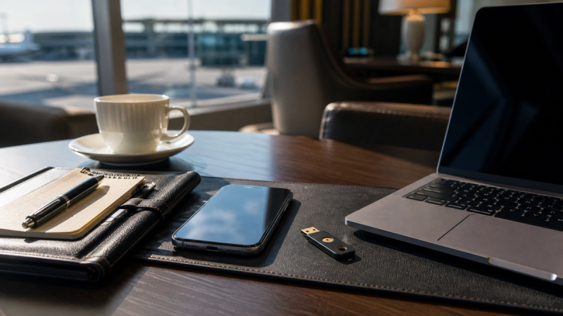 Travel security setup with a phone, laptop and hardware authentication key
