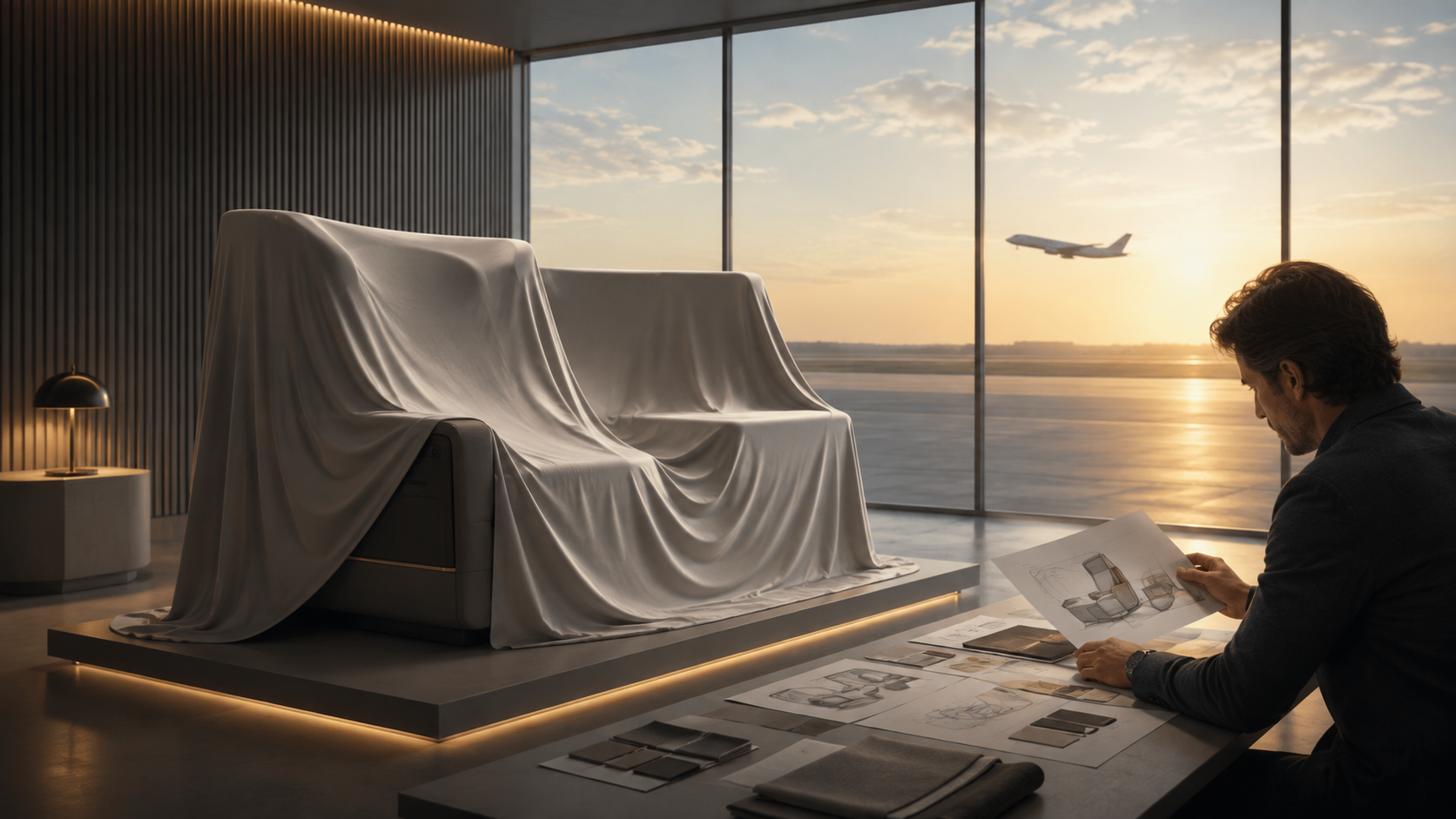Covered future business-class seat beside a confirmed-versus-unknown evidence ledger