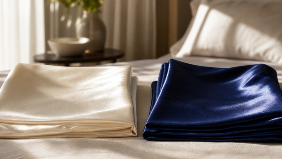 Silk and synthetic satin pillowcases compared by texture and lustre