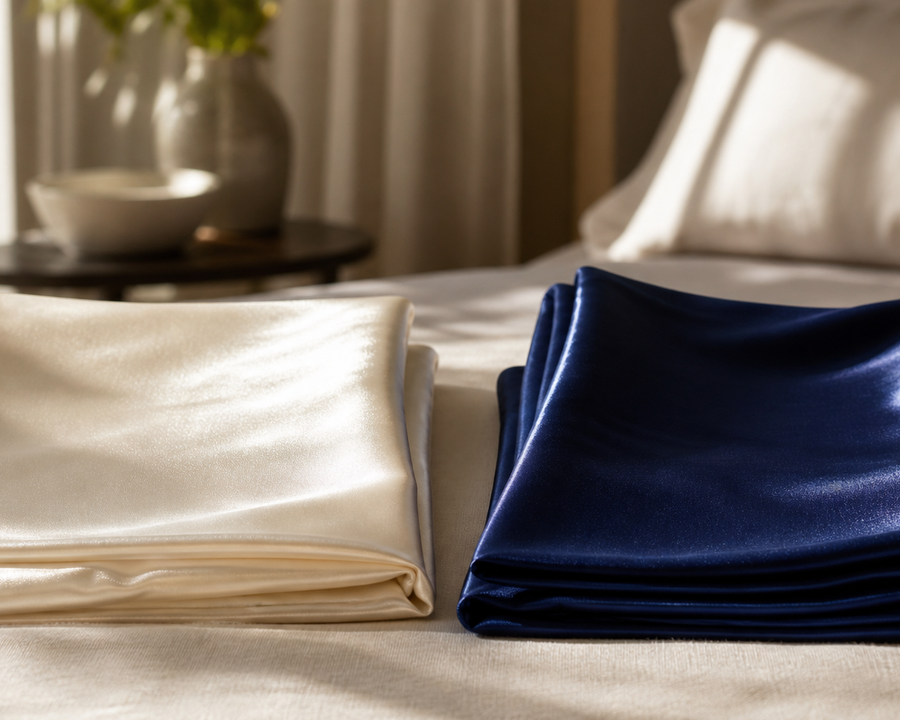 Silk and synthetic satin pillowcases compared by texture and lustre