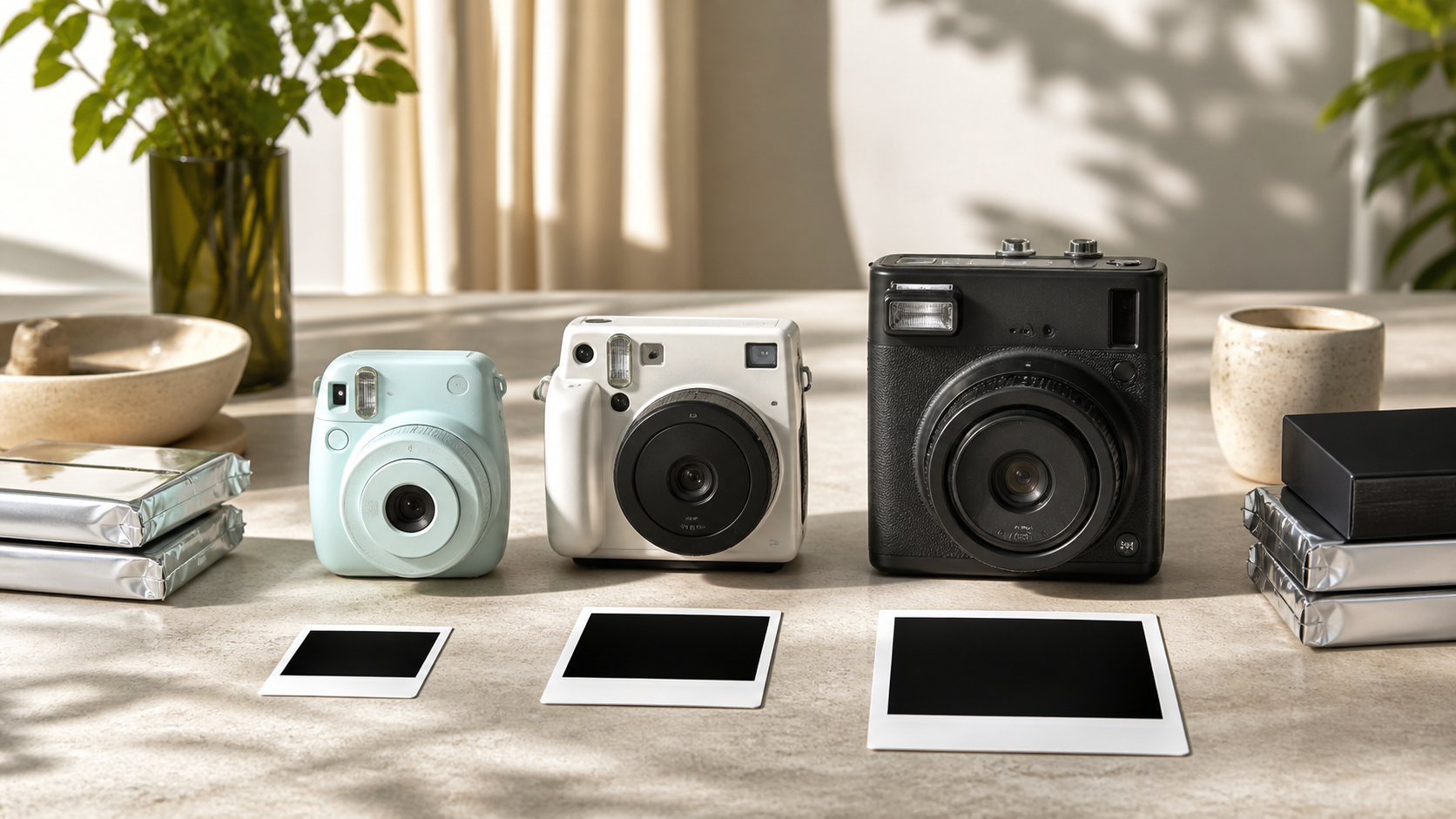 Three instant-camera formats compared with their different print sizes