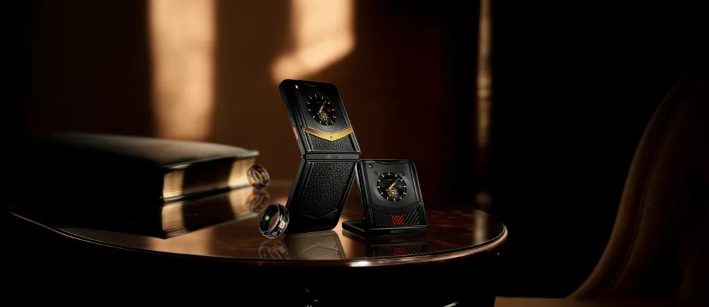 A collection of VERTU Quantum Flip phones in various luxury finishes.