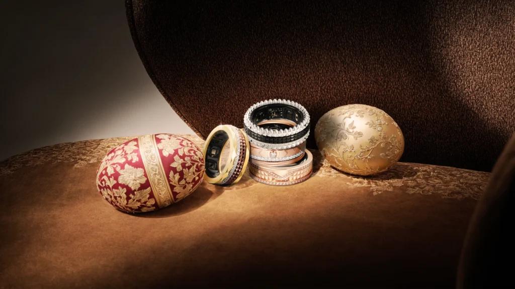 A close-up of a luxury smart ring showcasing its polished metallic finish and intricate design details.