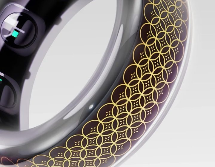 A close-up of a luxury smart ring showcasing its polished finish and discreet sensor array.