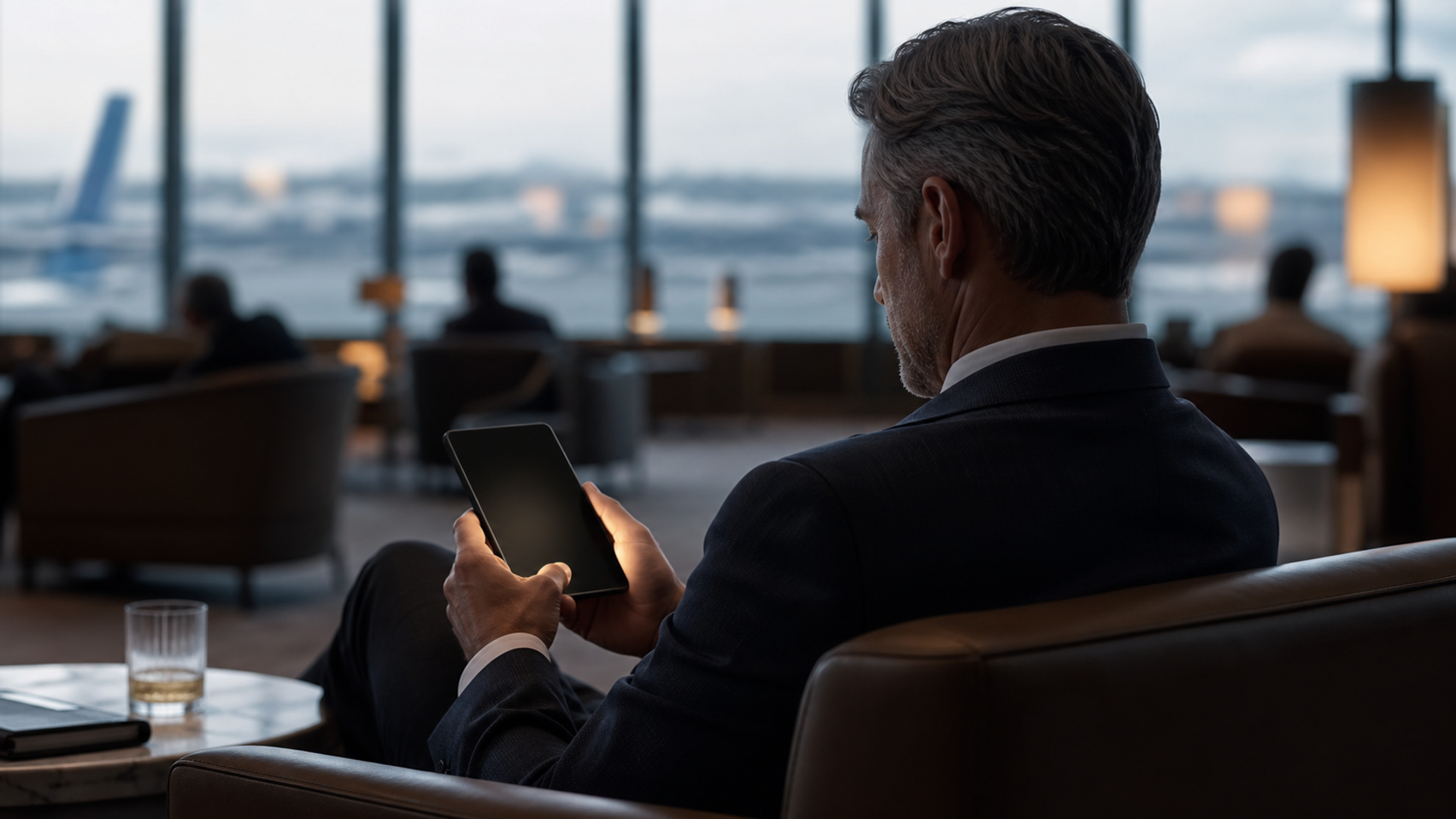 Editorial concept image of private mobile work in a discreet airport lounge