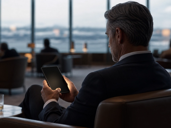 Editorial concept image of private mobile work in a discreet airport lounge