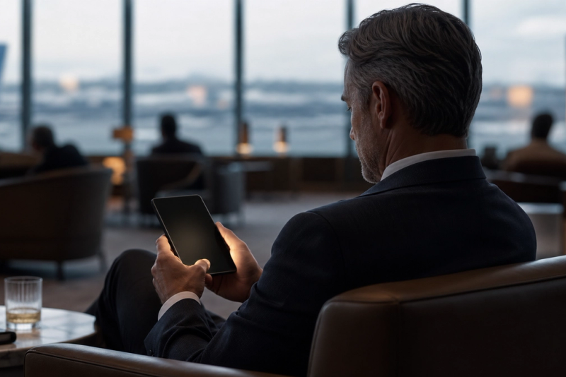 Editorial concept image of private mobile work in a discreet airport lounge
