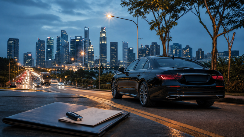 Singapore car owner weighing COE renewal and replacement timing against the city skyline