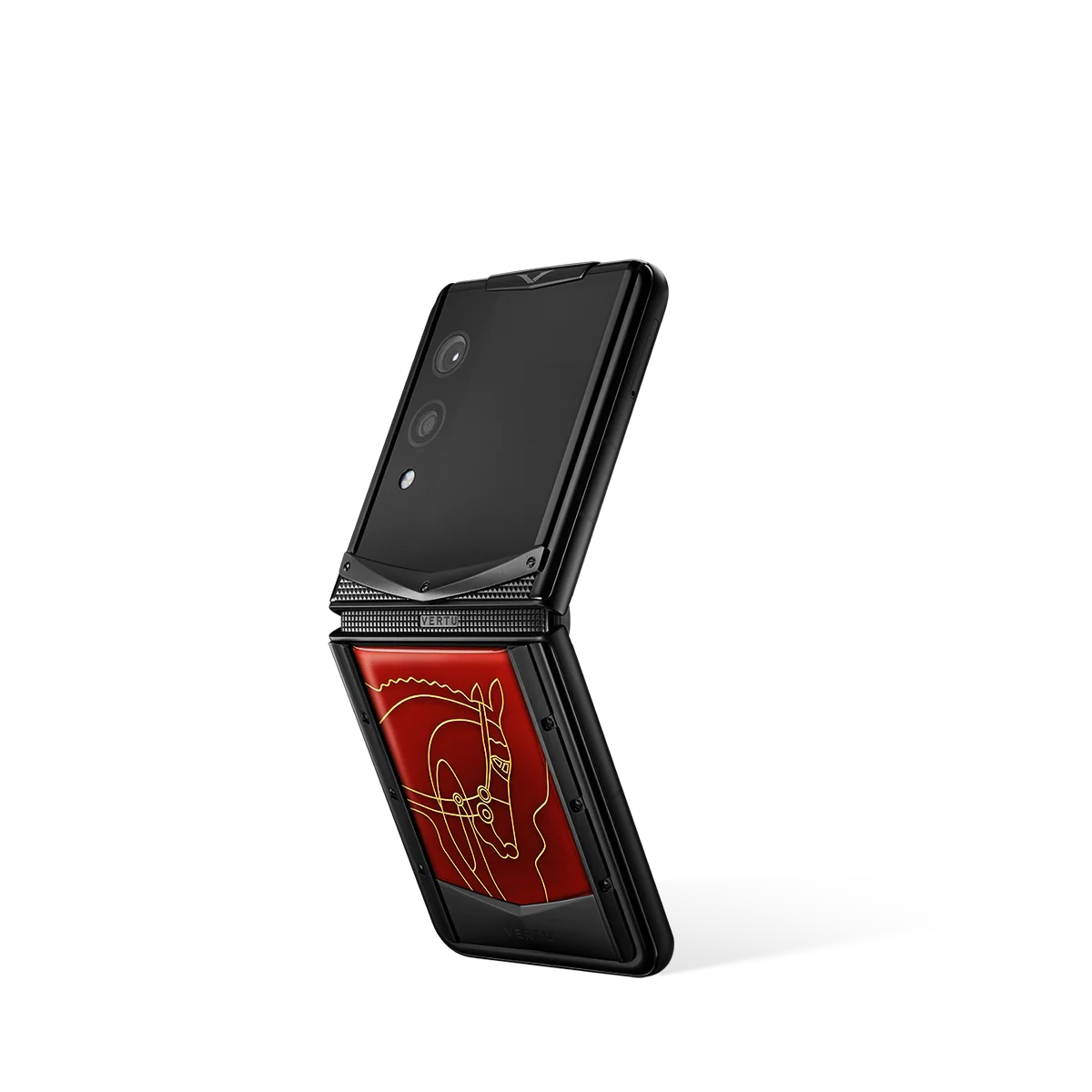The VERTU Quantum Flip shown partially folded, highlighting its flexible display.