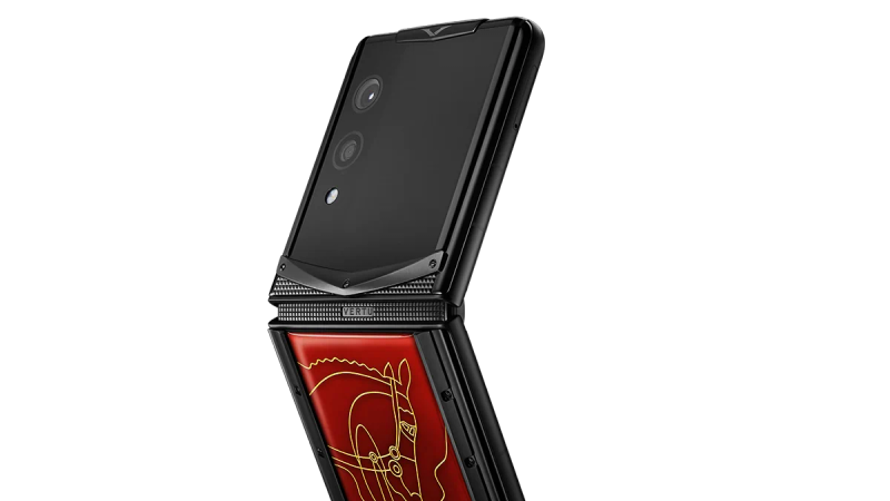 The VERTU Quantum Flip shown partially folded, highlighting its flexible display.