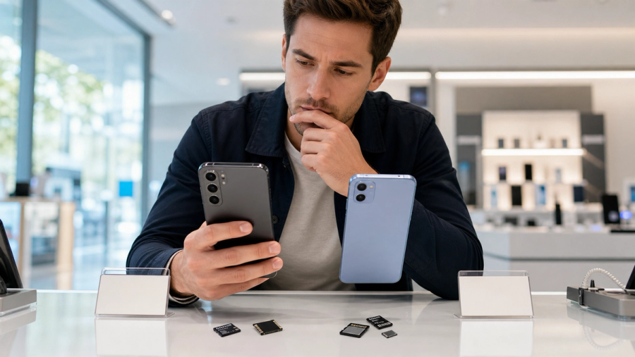 Buyer comparing two smartphones beside memory chips and a clear buy-now or wait decision card