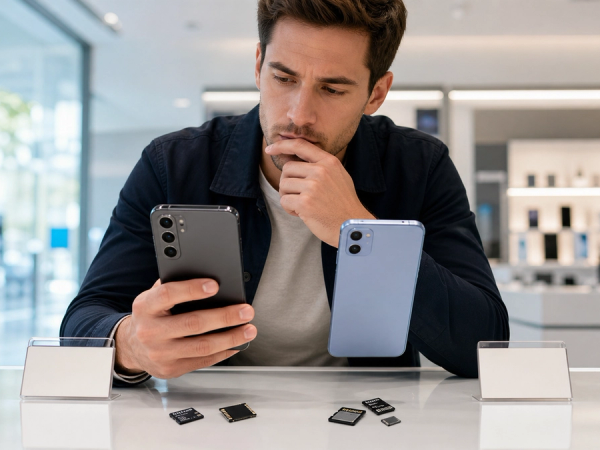 Buyer comparing two smartphones beside memory chips and a clear buy-now or wait decision card