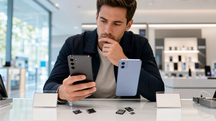 Buyer comparing two smartphones beside memory chips and a clear buy-now or wait decision card