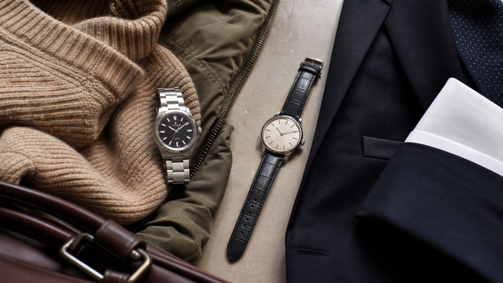 A refined steel sports watch silhouette and a slim leather dress watch silhouette arranged with tailoring and weekend clothing