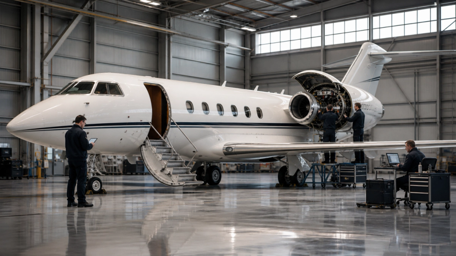 Technicians inspecting the engine and cabin systems of an ultra-long-range business jet