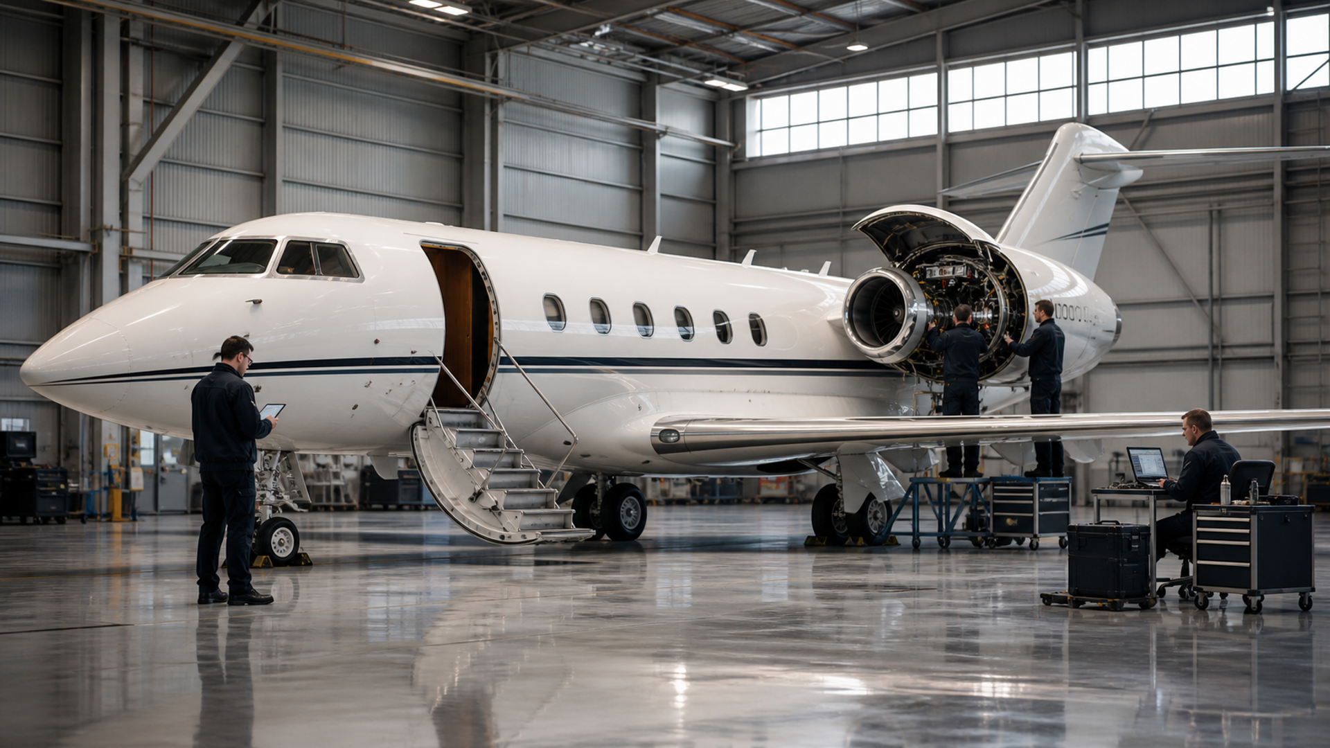 Technicians inspecting the engine and cabin systems of an ultra-long-range business jet