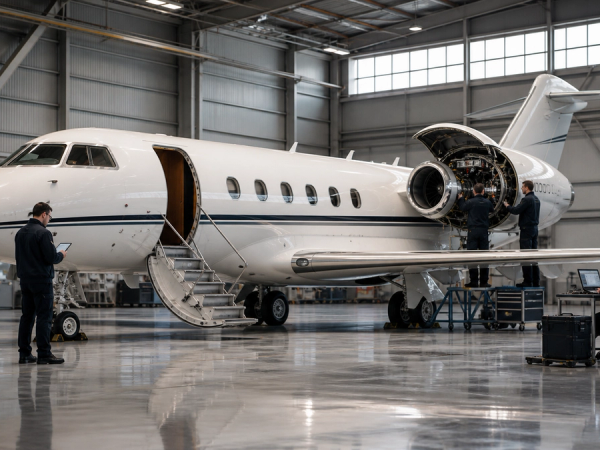 Technicians inspecting the engine and cabin systems of an ultra-long-range business jet