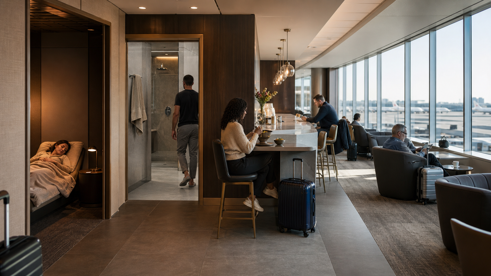 Premium airline lounge zones for dining, sleeping, showering and runway views