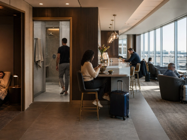 Premium airline lounge zones for dining, sleeping, showering and runway views