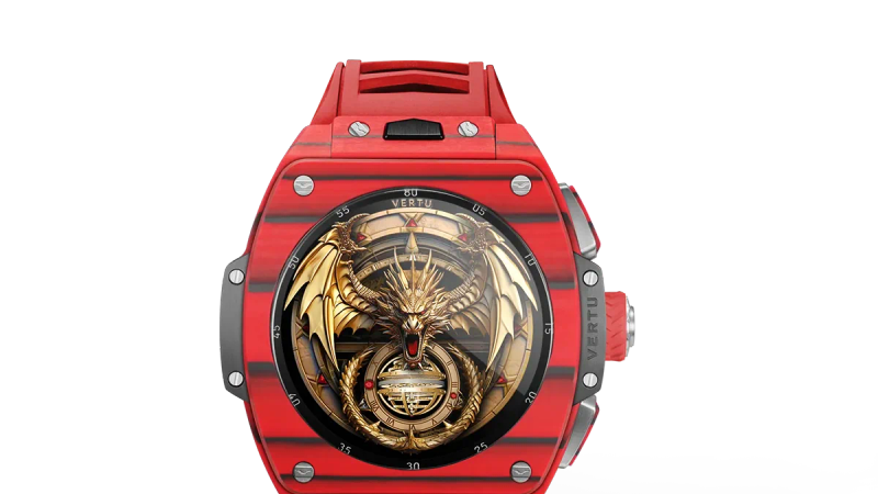 The side profile of a VERTU Grand Watch, showing the texture of the case material and the crown.