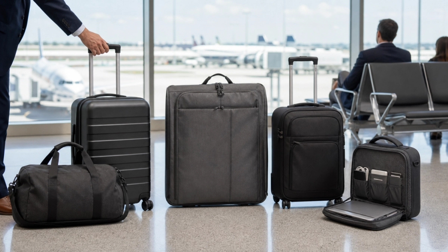 Business travel luggage selected for five trip patterns