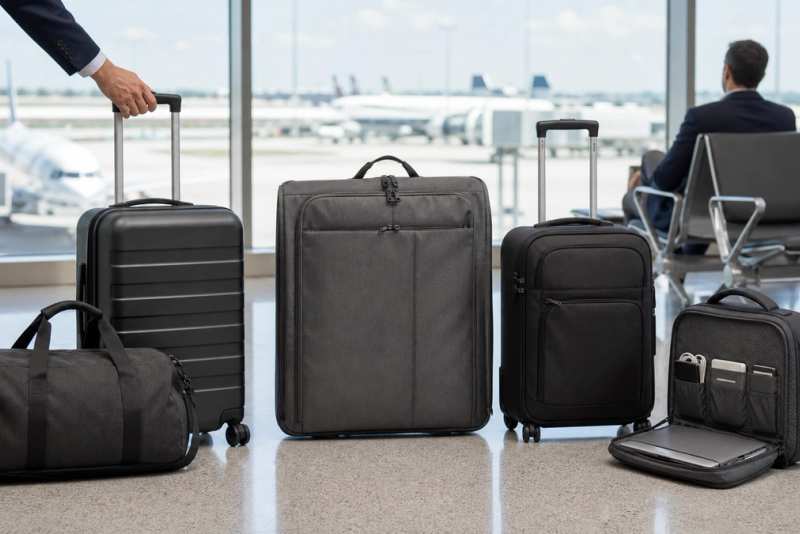 Business travel luggage selected for five trip patterns