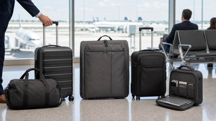 Business travel luggage selected for five trip patterns