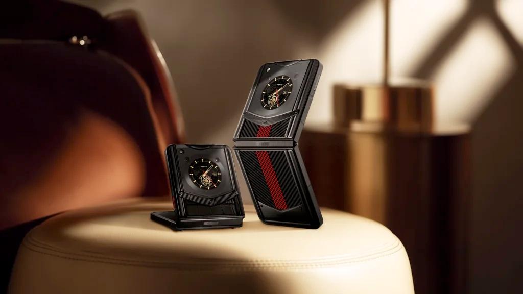 A close-up of the intricate hinge mechanism on the Vertu Quantum Flip phone.