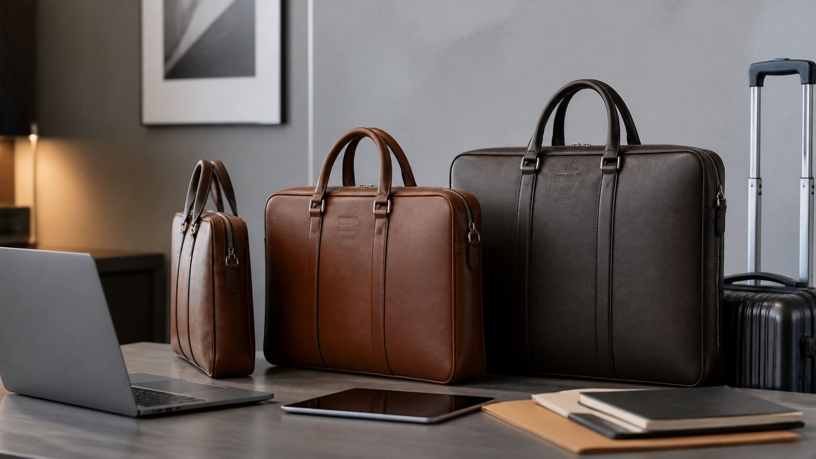 Thin, medium and large leather briefcases compared beside work devices and a travel trolley