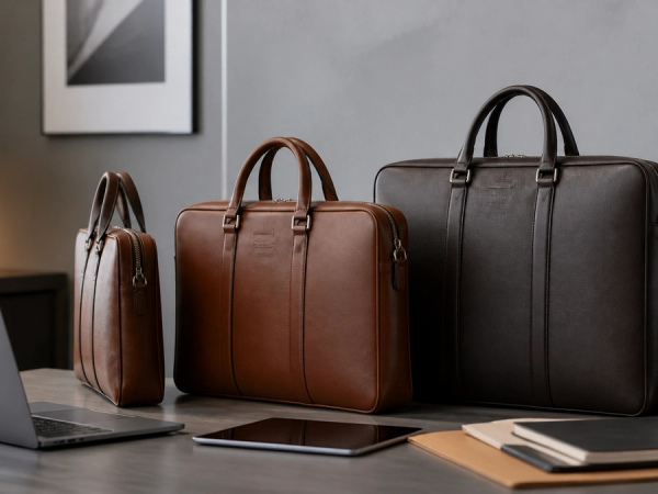 Thin, medium and large leather briefcases compared beside work devices and a travel trolley