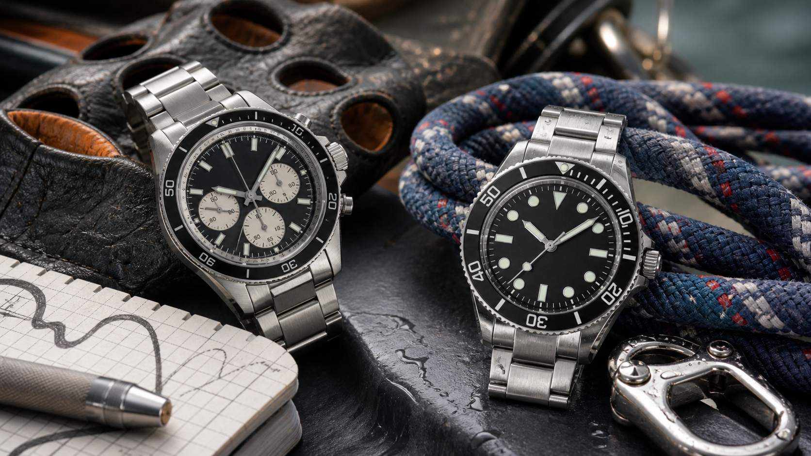 A chronograph and a dive watch compared through their distinct real-world functions
