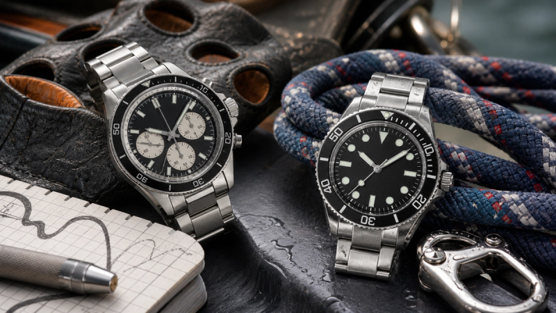 A chronograph and a dive watch compared through their distinct real-world functions