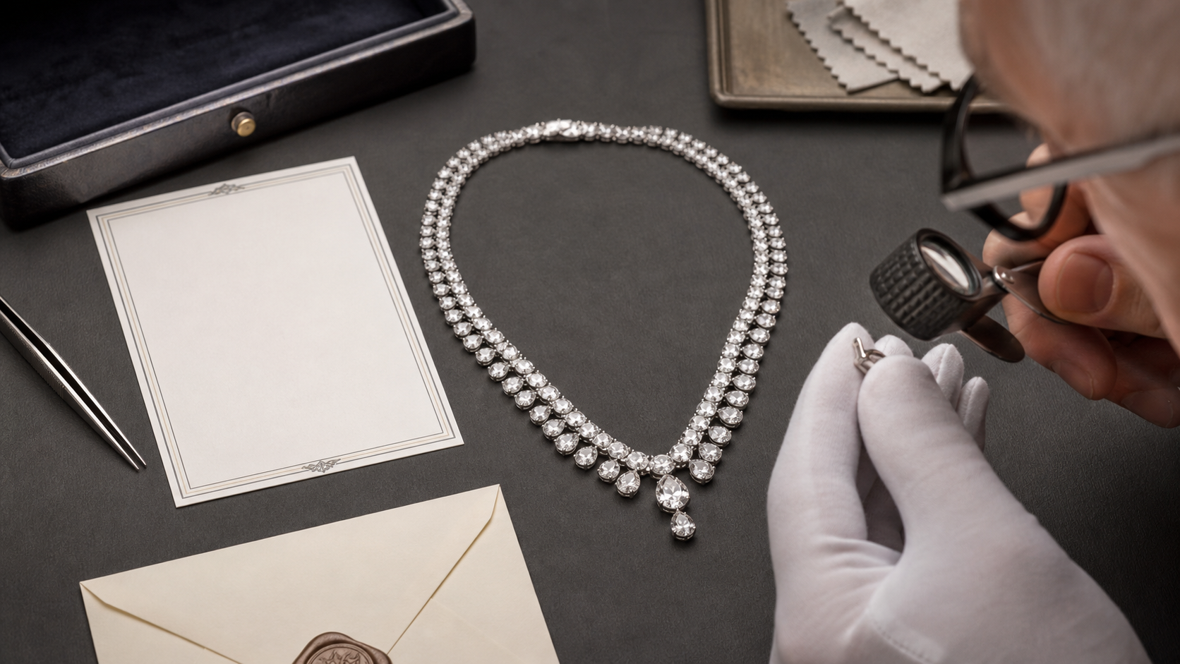 A luxury necklace assessed through gemstone evidence, hallmarks, setting quality and provenance