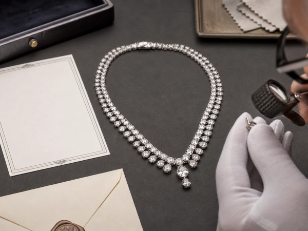 A luxury necklace assessed through gemstone evidence, hallmarks, setting quality and provenance