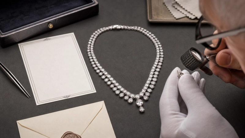 A luxury necklace assessed through gemstone evidence, hallmarks, setting quality and provenance