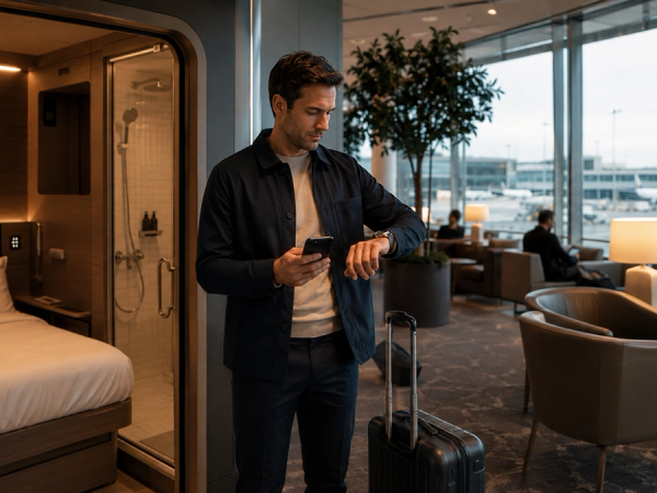 Traveller comparing a private airport cabin with a public premium lounge during a connection