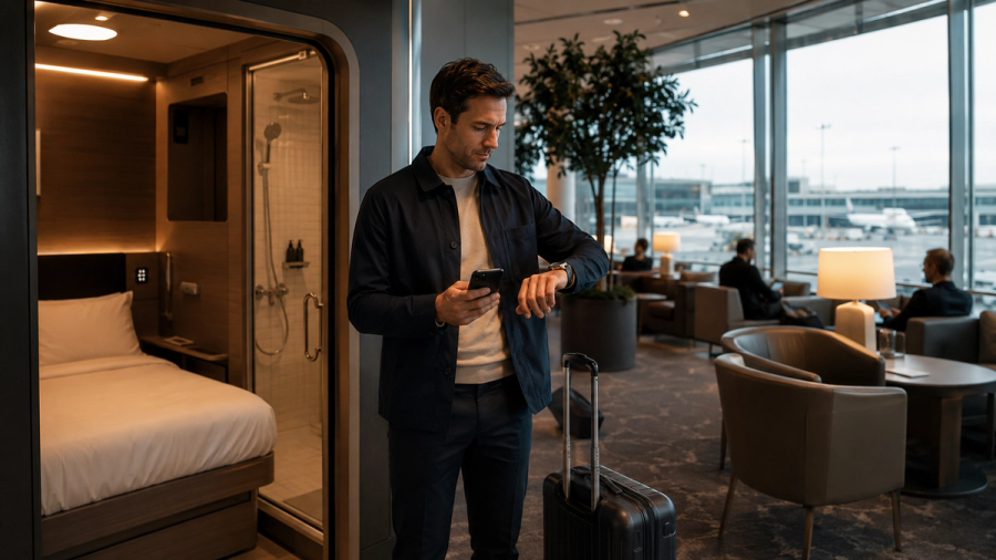 Traveller comparing a private airport cabin with a public premium lounge during a connection