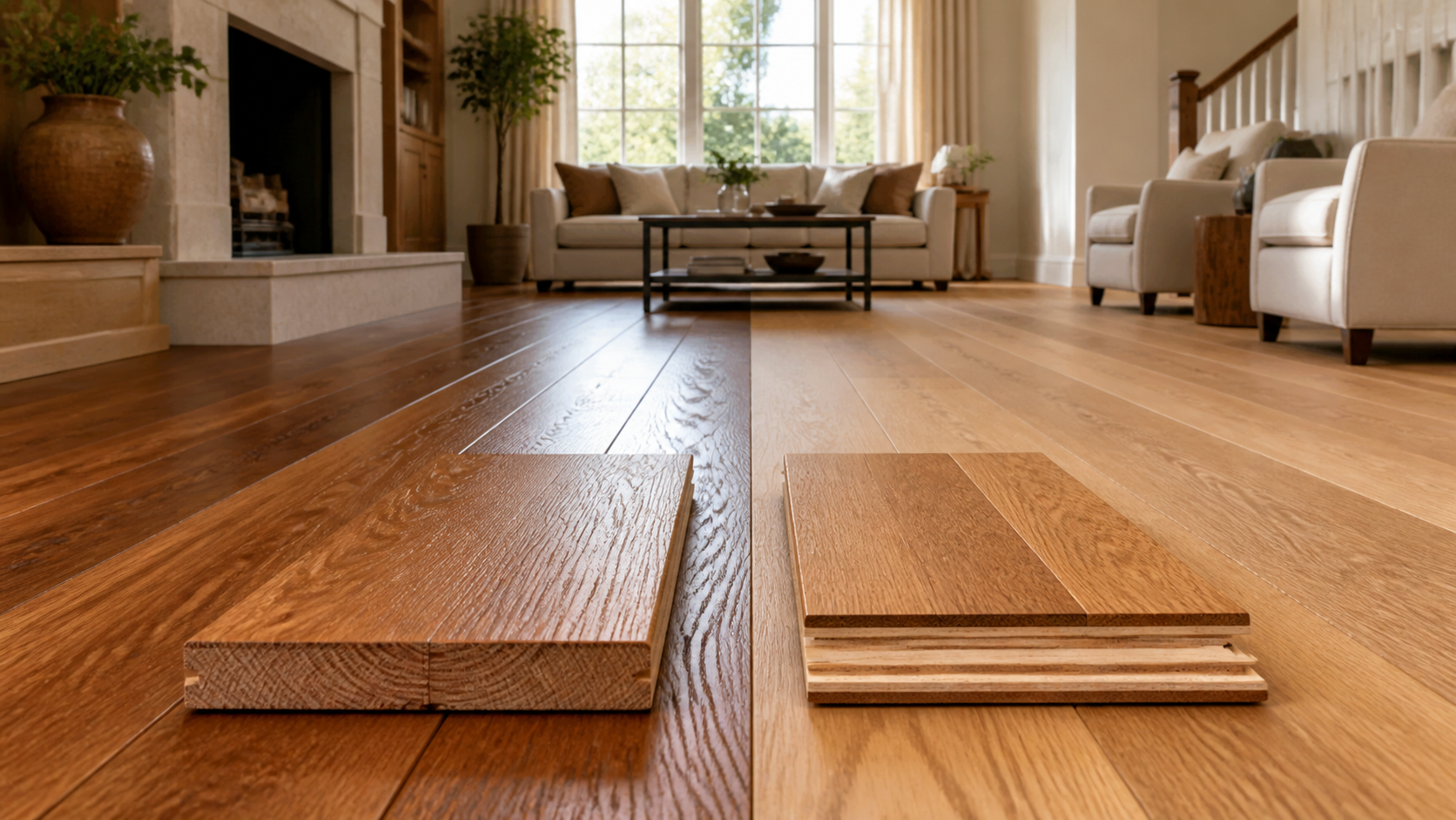 Hardwood vs Engineered Wood Flooring shown as a practical side-by-side comparison