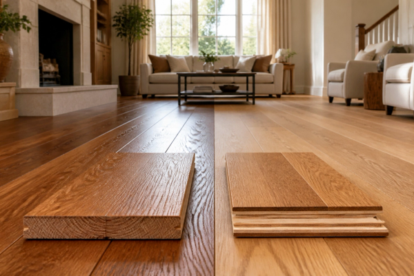 Hardwood vs Engineered Wood Flooring shown as a practical side-by-side comparison