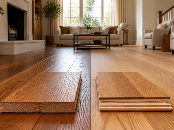 Hardwood vs Engineered Wood Flooring shown as a practical side-by-side comparison