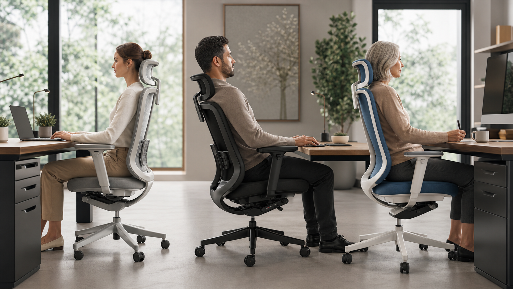 Three office chair configurations fitted to different users and desks