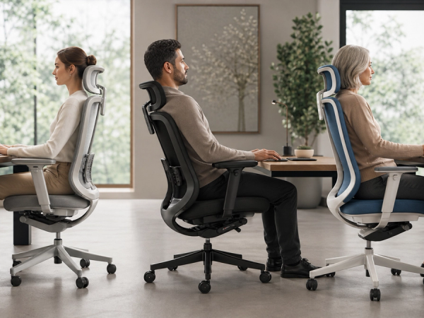 Three office chair configurations fitted to different users and desks