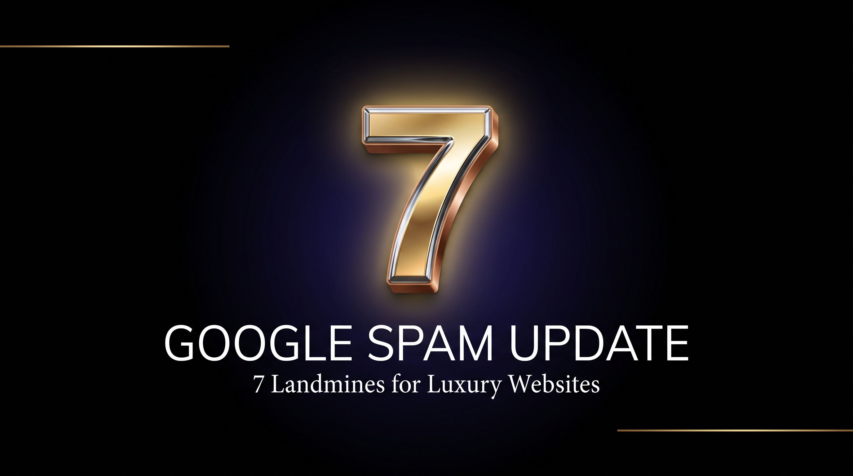 Google Spam Update June 2026: 7 Landmines for Luxury Websites — editorial cover with metallic gold 7 on black background with blue-purple light burst